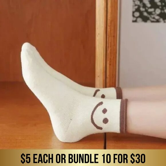 On My Rack Accessories - 10/$30 NWT Cute Cozy Smiley Happy Face Tube Socks Tan Trim One Pair Lounge Wear